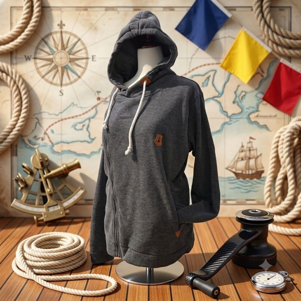 Charcoal Grey Asymmetrical Zip-Up Hoodie Anchor Patch Size Large